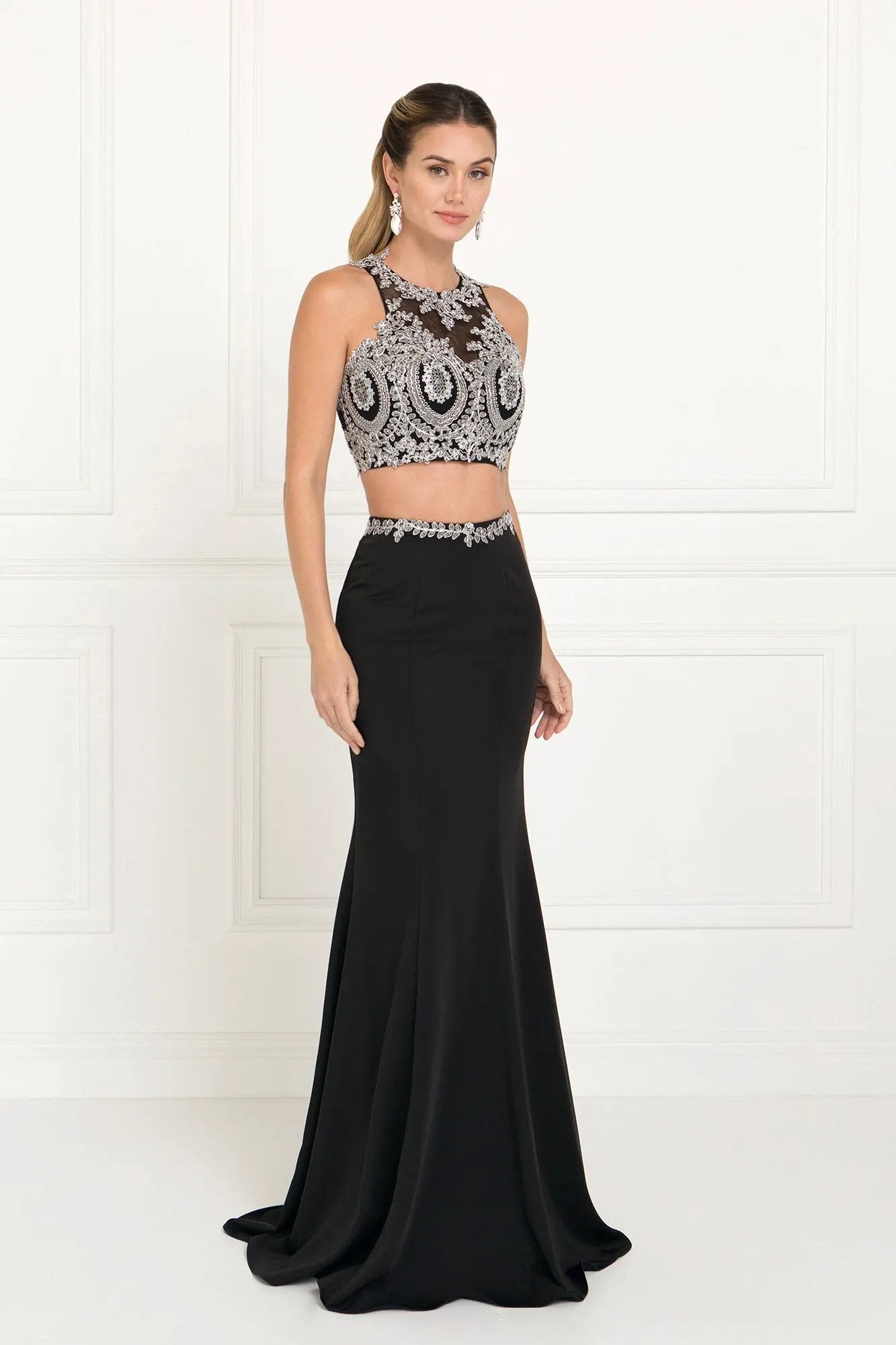 Full Embroidered Top Jersey Two-Piece Long Dress by Tux-USA
