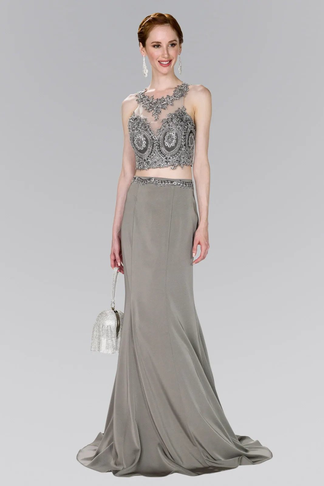 Full Embroidered Top Jersey Two-Piece Long Dress by Tux-USA
