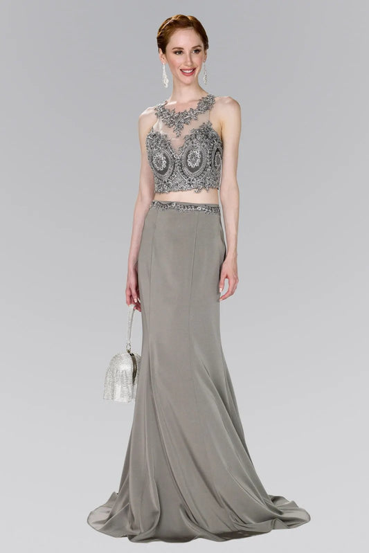 Full Embroidered Top Jersey Two-Piece Long Dress by Tux-USA