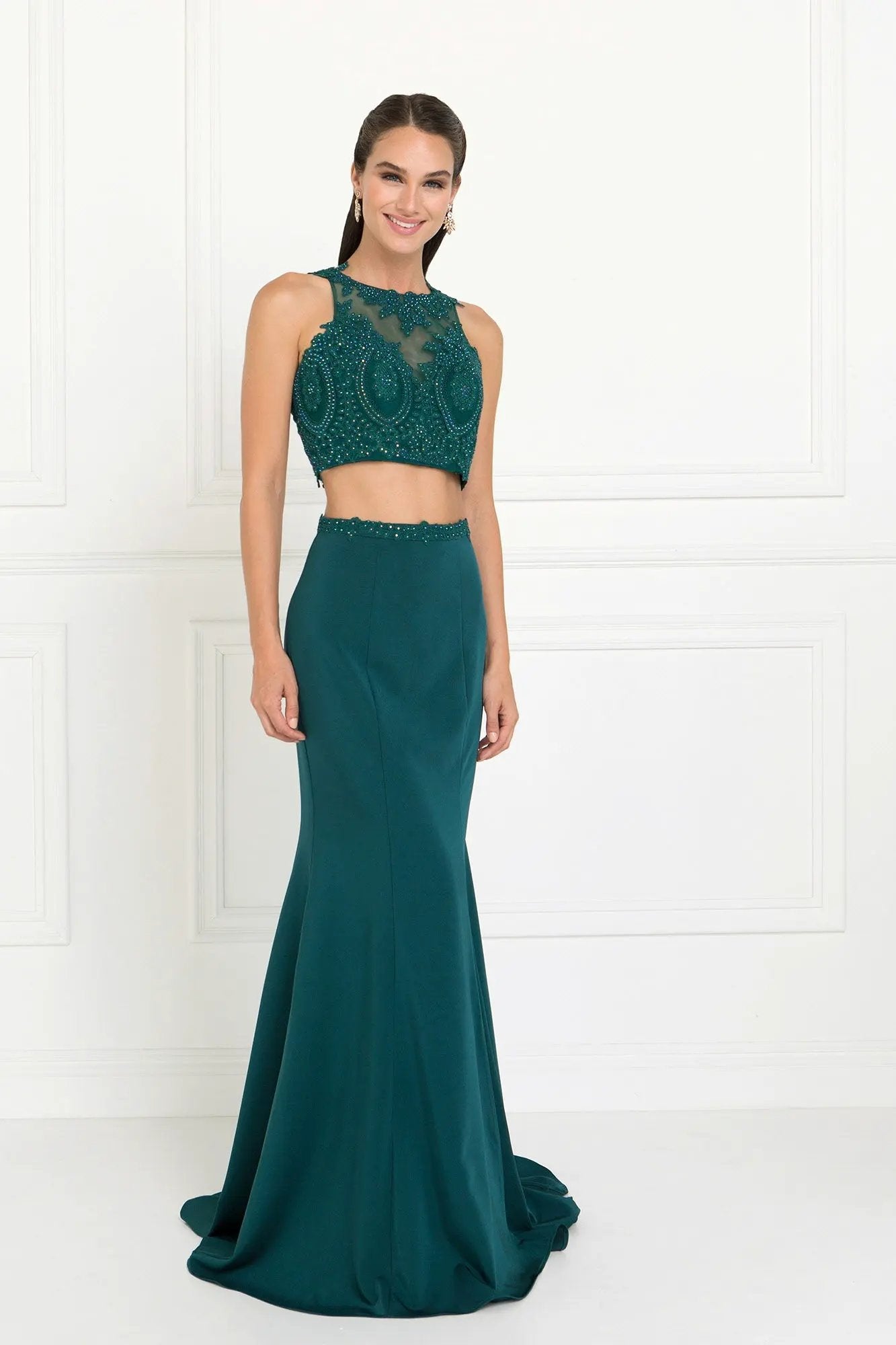 Full Embroidered Top Jersey Two-Piece Long Dress by Tux-USA