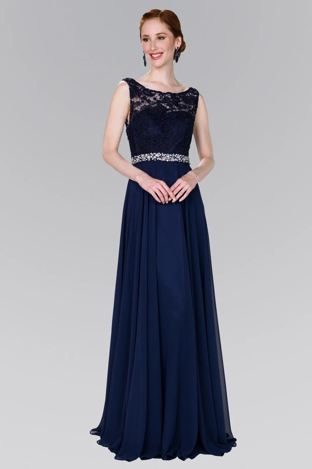Lace Top Chiffon Long Dress Accented by Jewels on the Waist by Tux-USA