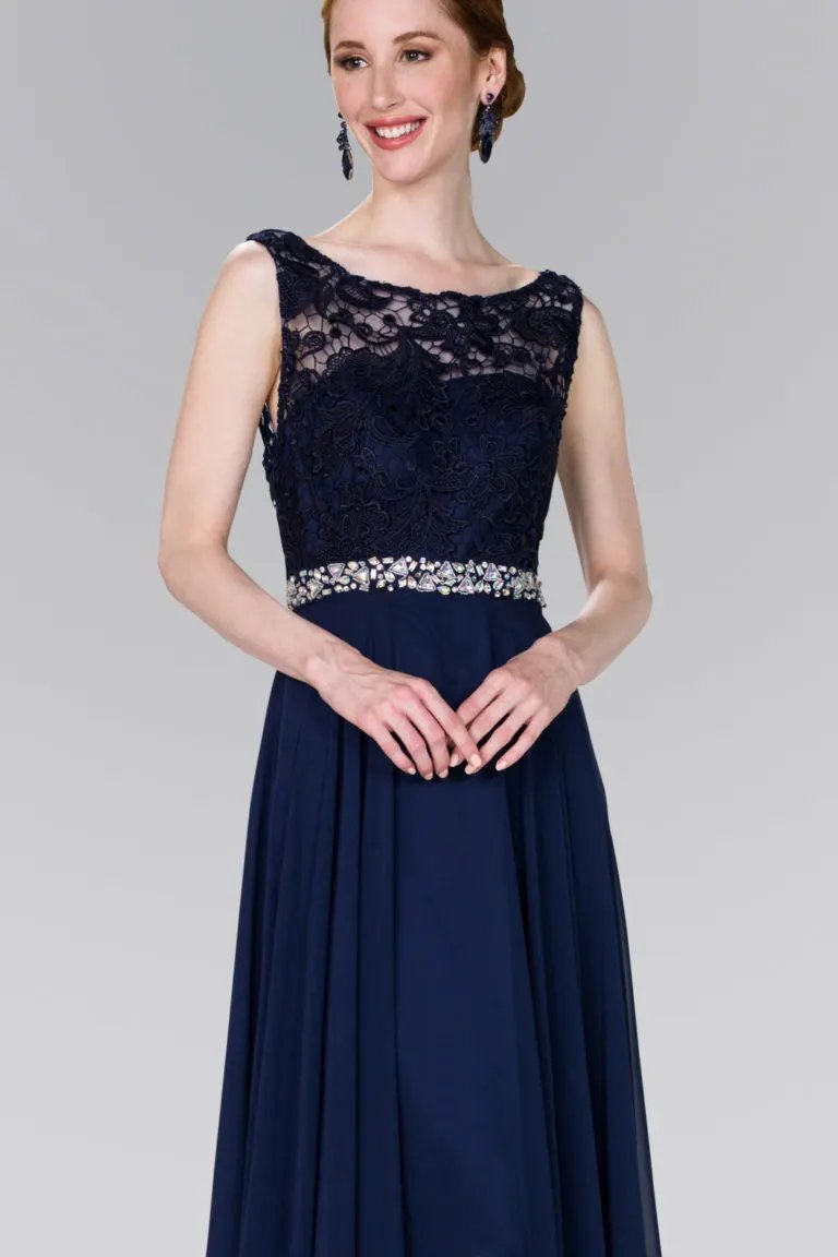 Lace Top Chiffon Long Dress Accented by Jewels on the Waist by Tux-USA