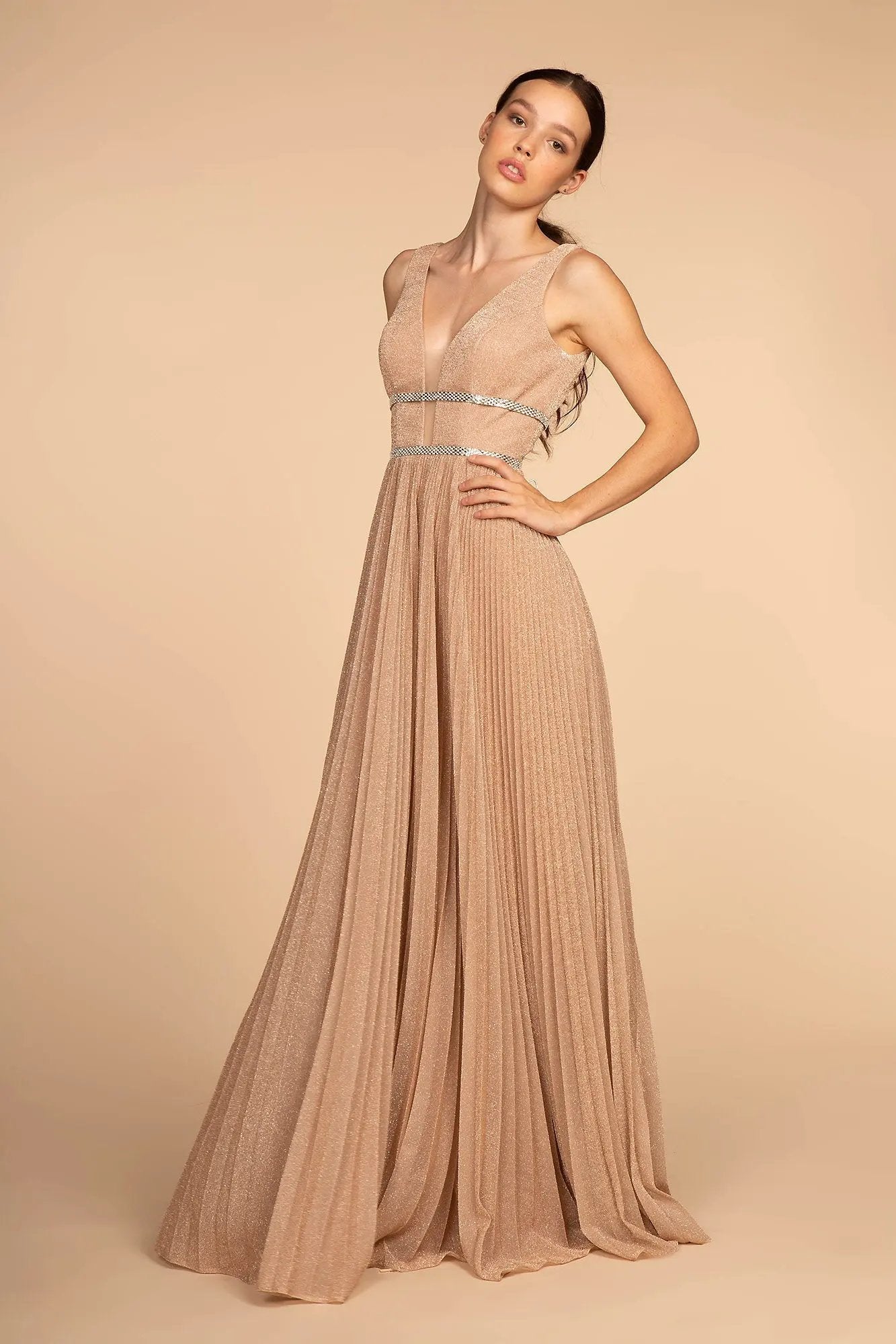 Metallic Jewel V-Back Long Dress by Tux-USA