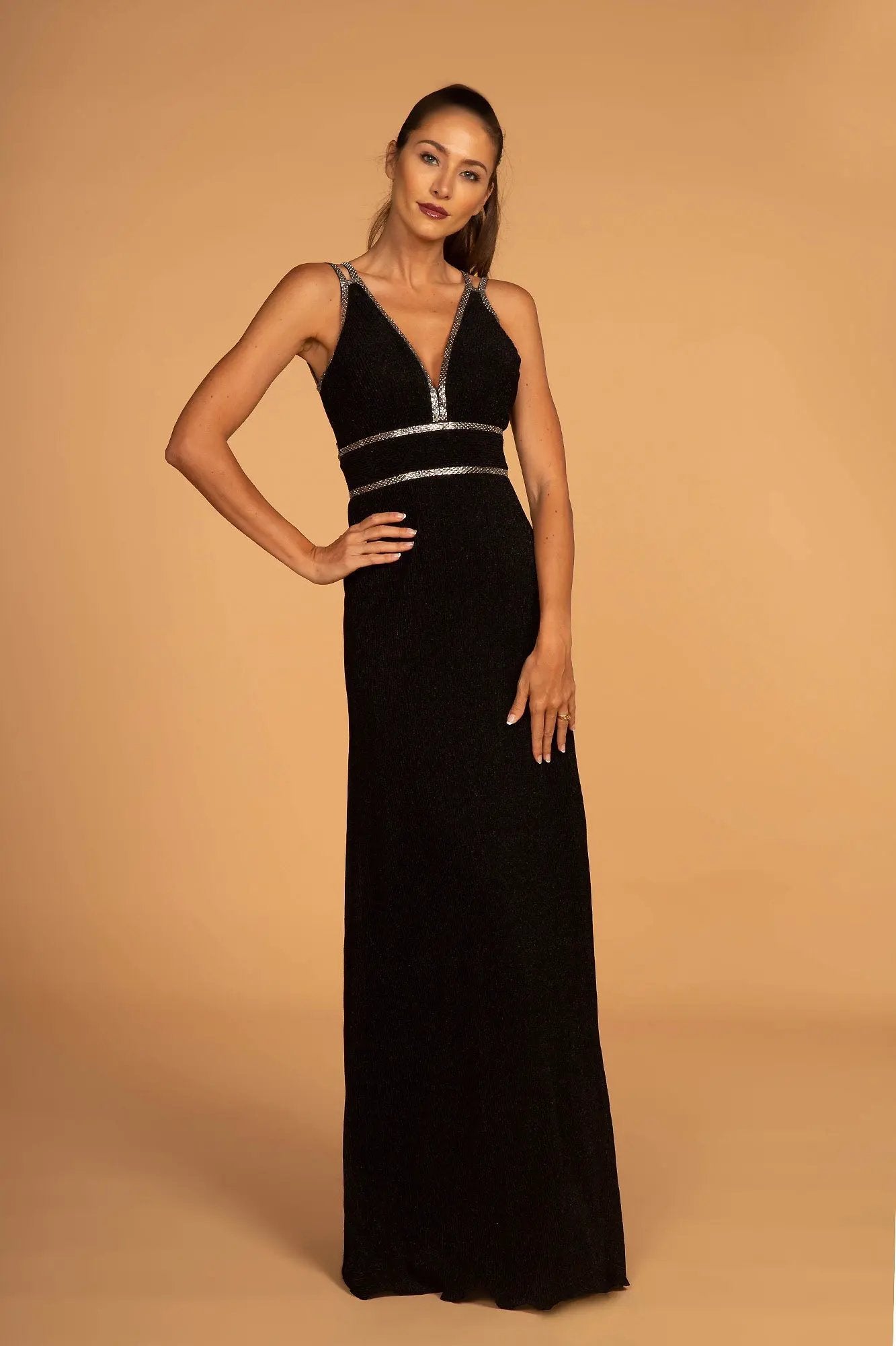 Double Waist-Bands V-Neck Long Dress w/ Strap Back by Tux-USA