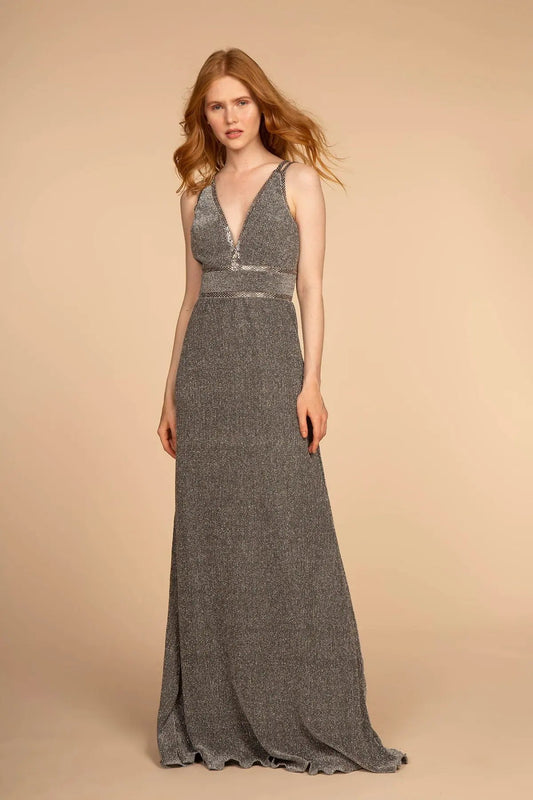 Double Waist-Bands V-Neck Long Dress w/ Strap Back by Tux-USA