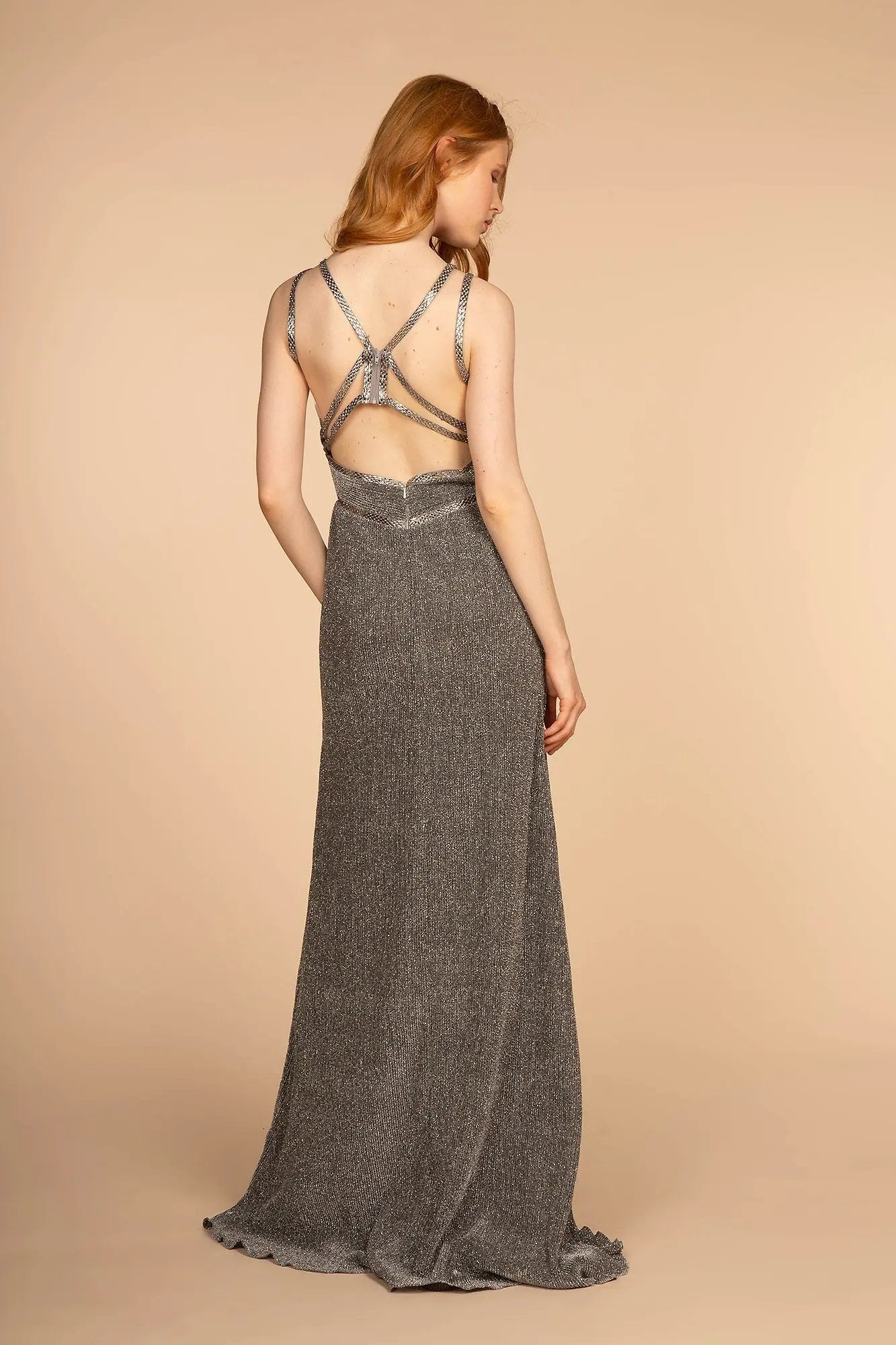 Double Waist-Bands V-Neck Long Dress w/ Strap Back by Tux-USA