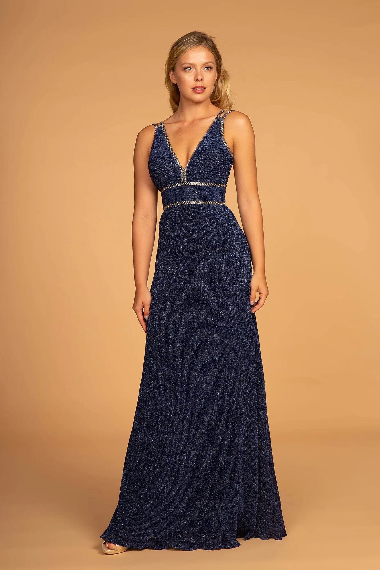 Double Waist-Bands V-Neck Long Dress w/ Strap Back by Tux-USA