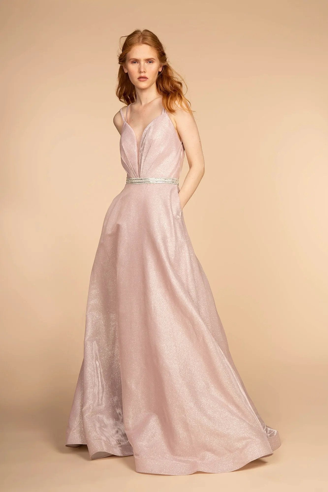 Glitter Crepe Long Dress w/ Jeweled Waist Band by Tux-USA