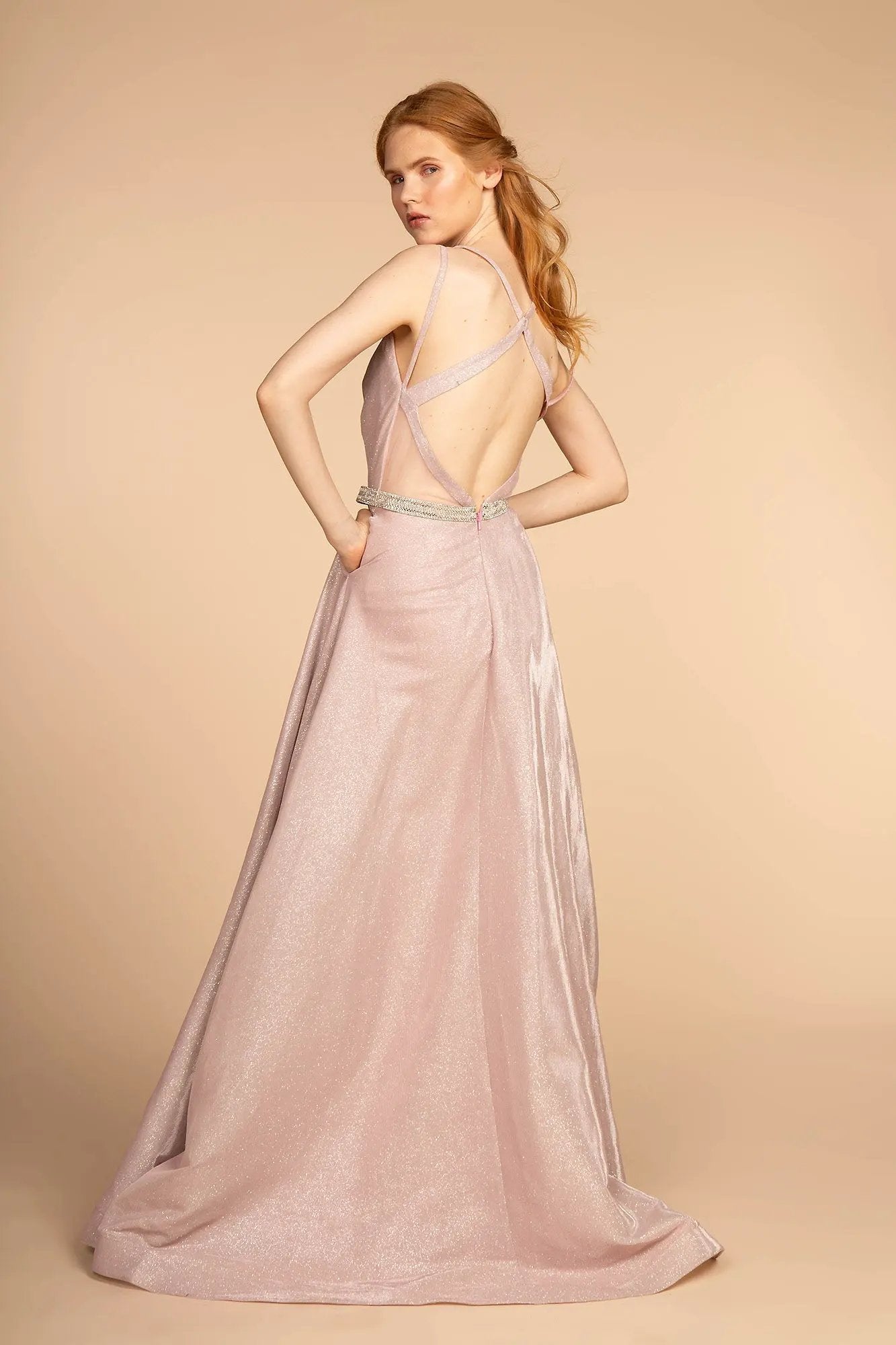 Glitter Crepe Long Dress w/ Jeweled Waist Band by Tux-USA
