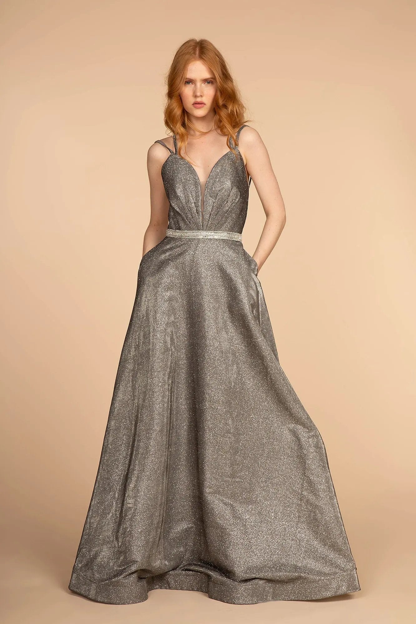 Glitter Crepe Long Dress w/ Jeweled Waist Band by Tux-USA