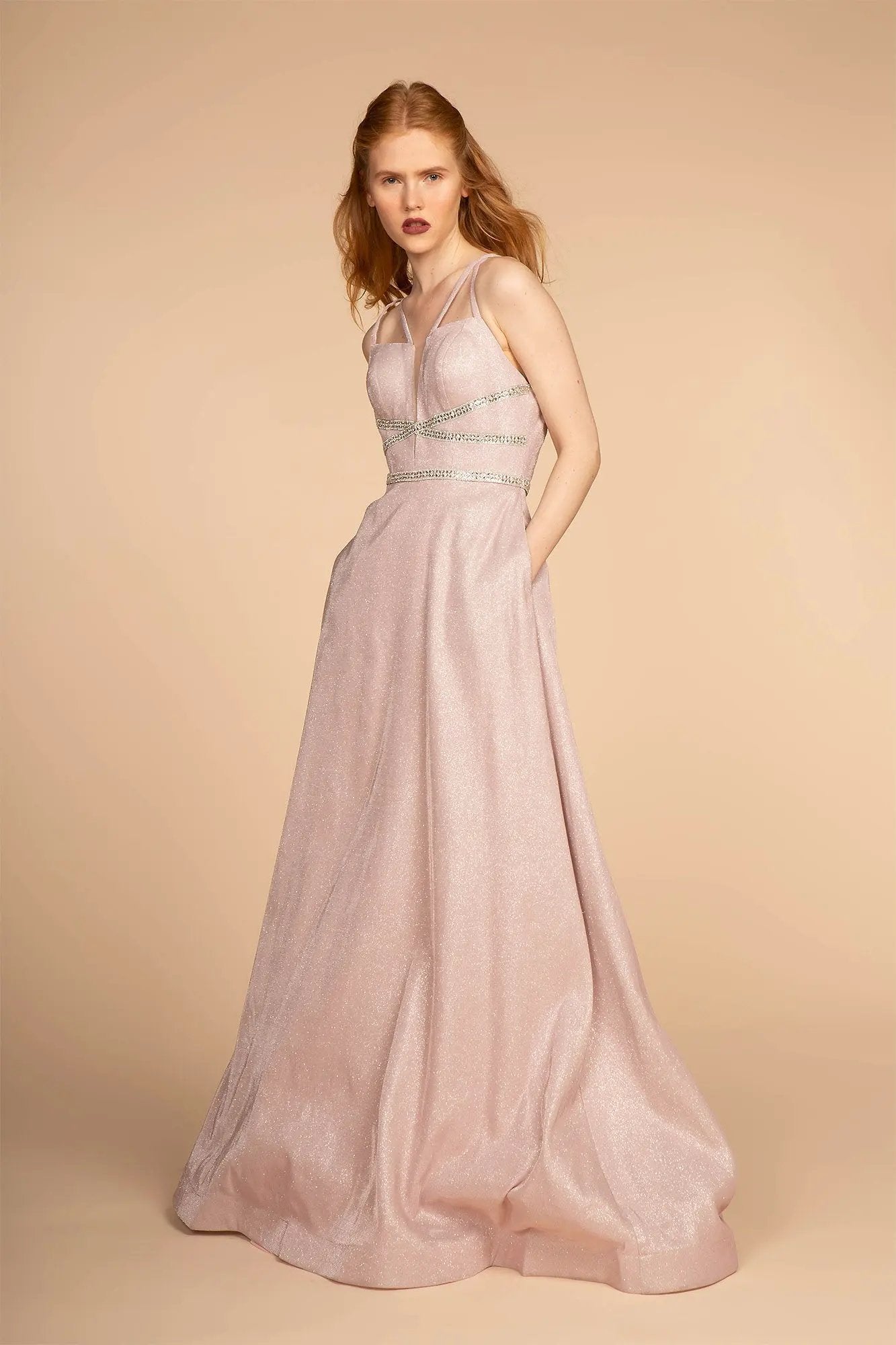 Glitter Crepe A-Line Long Dress w/ Strap Back by Tux-USA