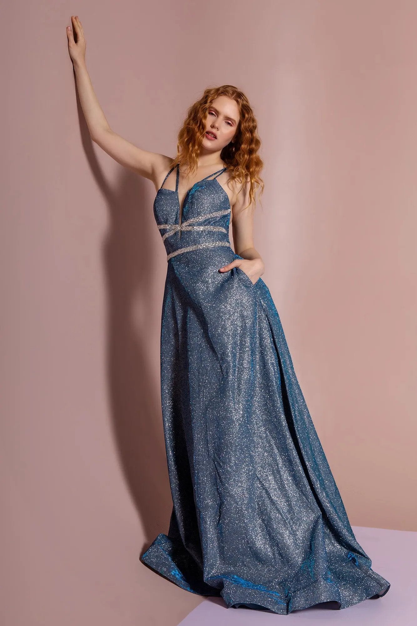 Glitter Crepe A-Line Long Dress w/ Strap Back by Tux-USA