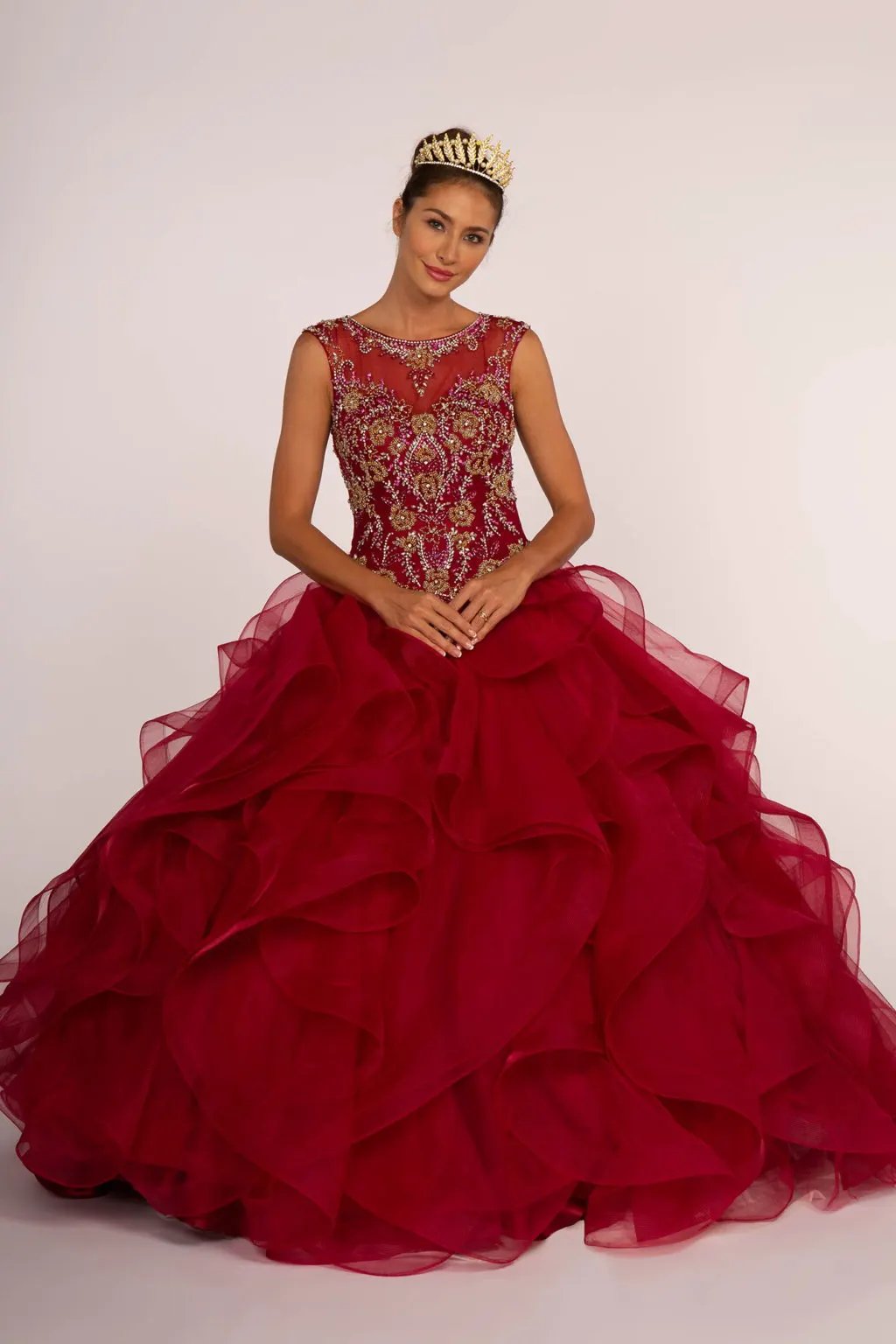 Beads Embellished Bodice Tulle Ball Gown w/ Multi-Layered Ruffle Skirt by Tux-USA