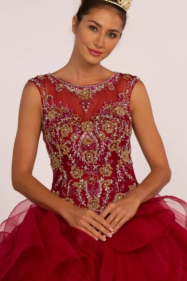 Beads Embellished Bodice Tulle Ball Gown w/ Multi-Layered Ruffle Skirt by Tux-USA
