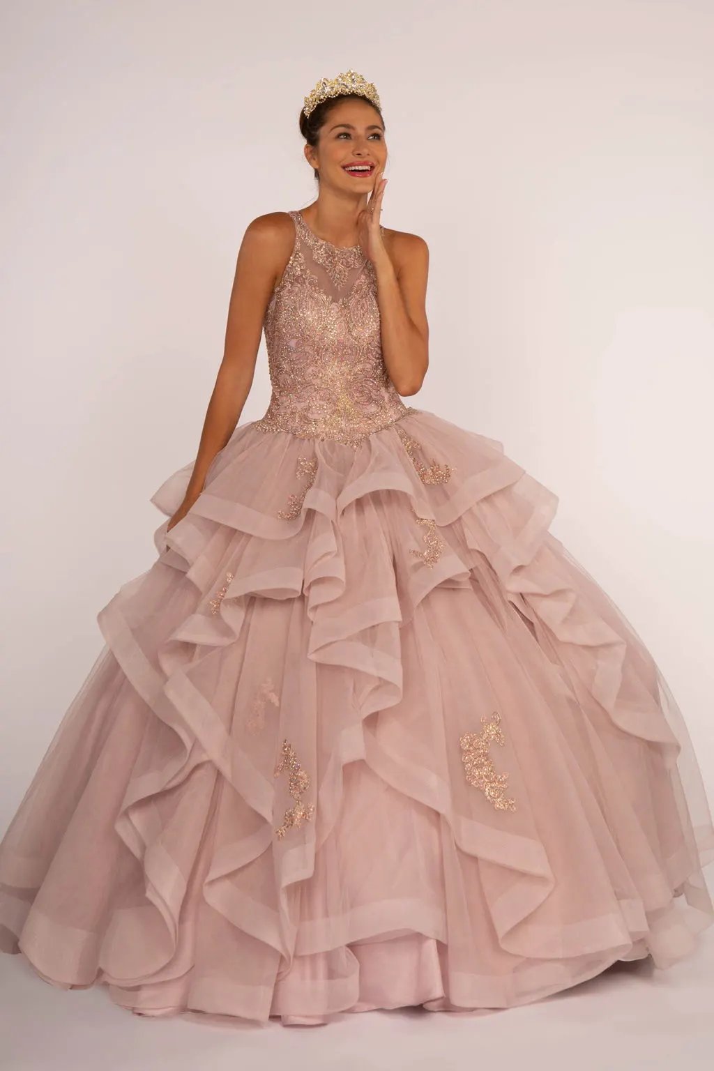 Full Embroidered Bodice w/ Rhinestones Multi-Layered Ruffle Skirt Ball Gown by Tux-USA