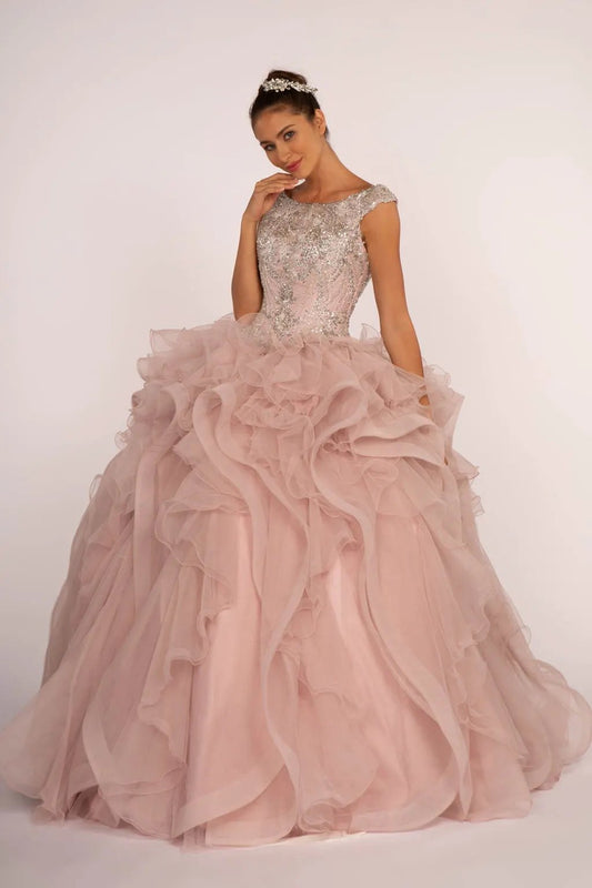 Beads and Sequin Embellished Bodice Boat Neck Ball Gown by Tux-USA
