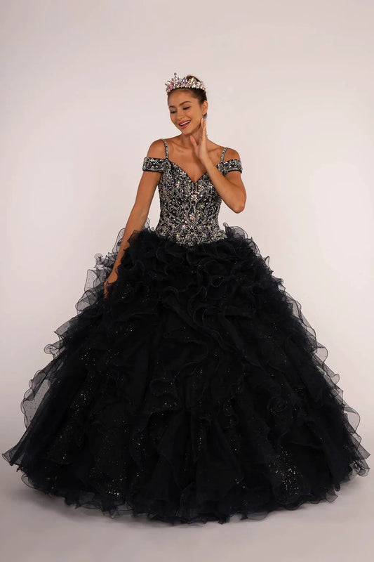 Jewel Embellished Cut-Away Shoulder Ruffle Skirt Quinceanera Dress by Tux-USA