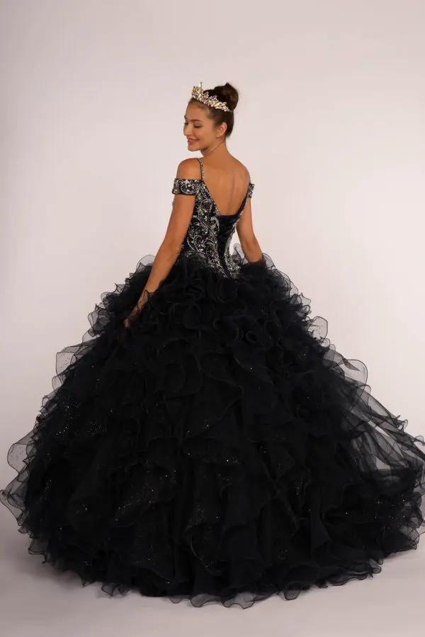 Jewel Embellished Cut-Away Shoulder Ruffle Skirt Quinceanera Dress by Tux-USA