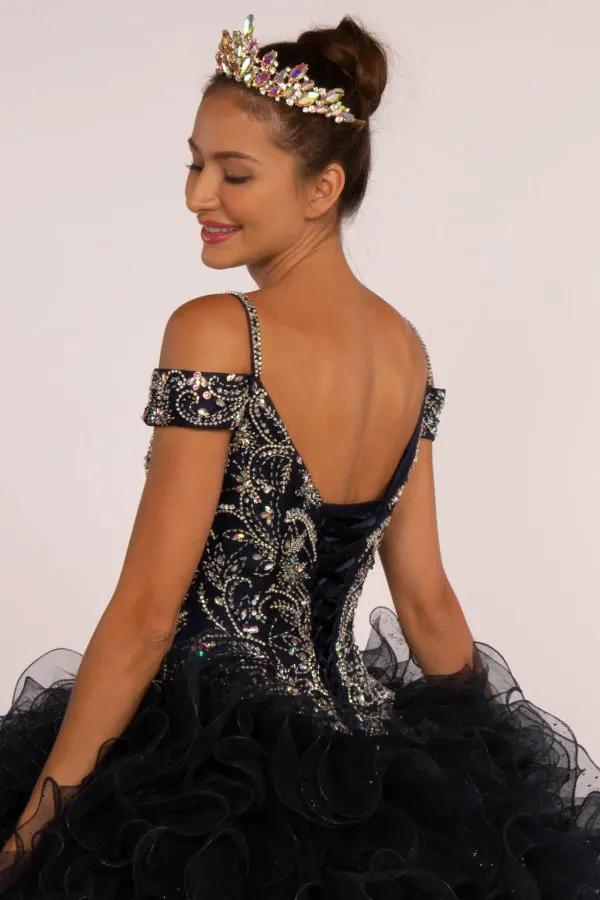 Jewel Embellished Cut-Away Shoulder Ruffle Skirt Quinceanera Dress by Tux-USA
