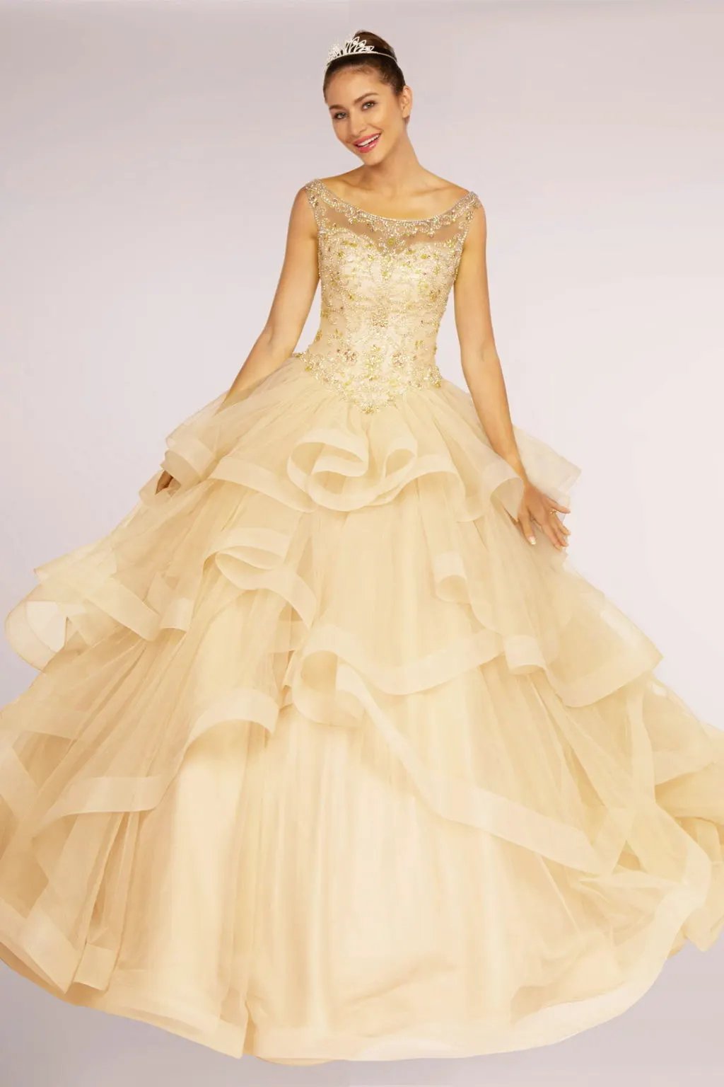 Jewel Embellished Boat Neck Multi-Layered Skirt Ball Gown by Tux-USA