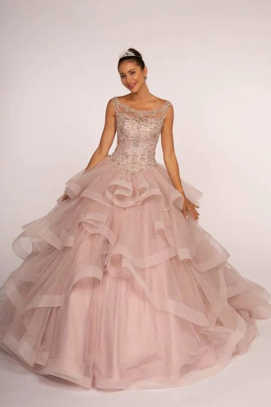 Jewel Embellished Boat Neck Multi-Layered Skirt Ball Gown by Tux-USA