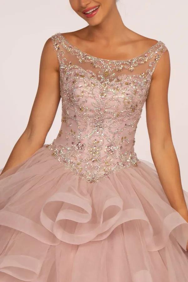 Jewel Embellished Boat Neck Multi-Layered Skirt Ball Gown by Tux-USA