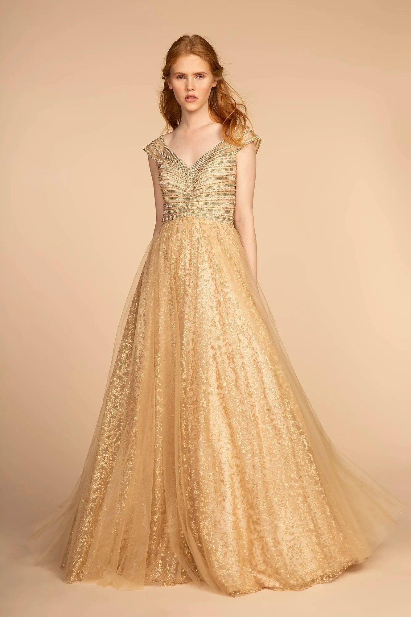 Dress Jewel Embellished Bodice Mesh Skirt Glitter Print Gold by Tux-USA