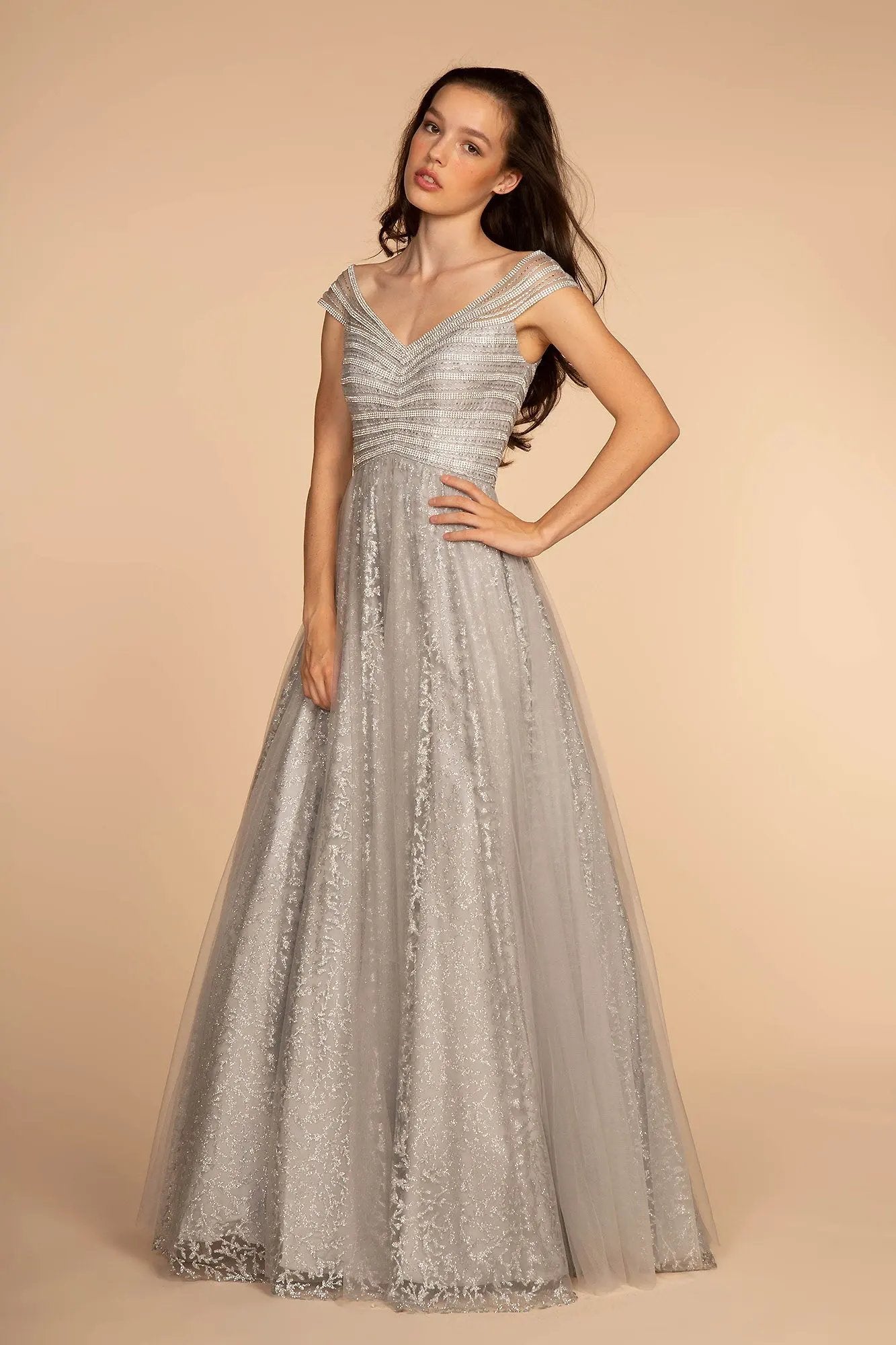 Dress Jewel Embellished Bodice Mesh Skirt Glitter Print Gold by Tux-USA