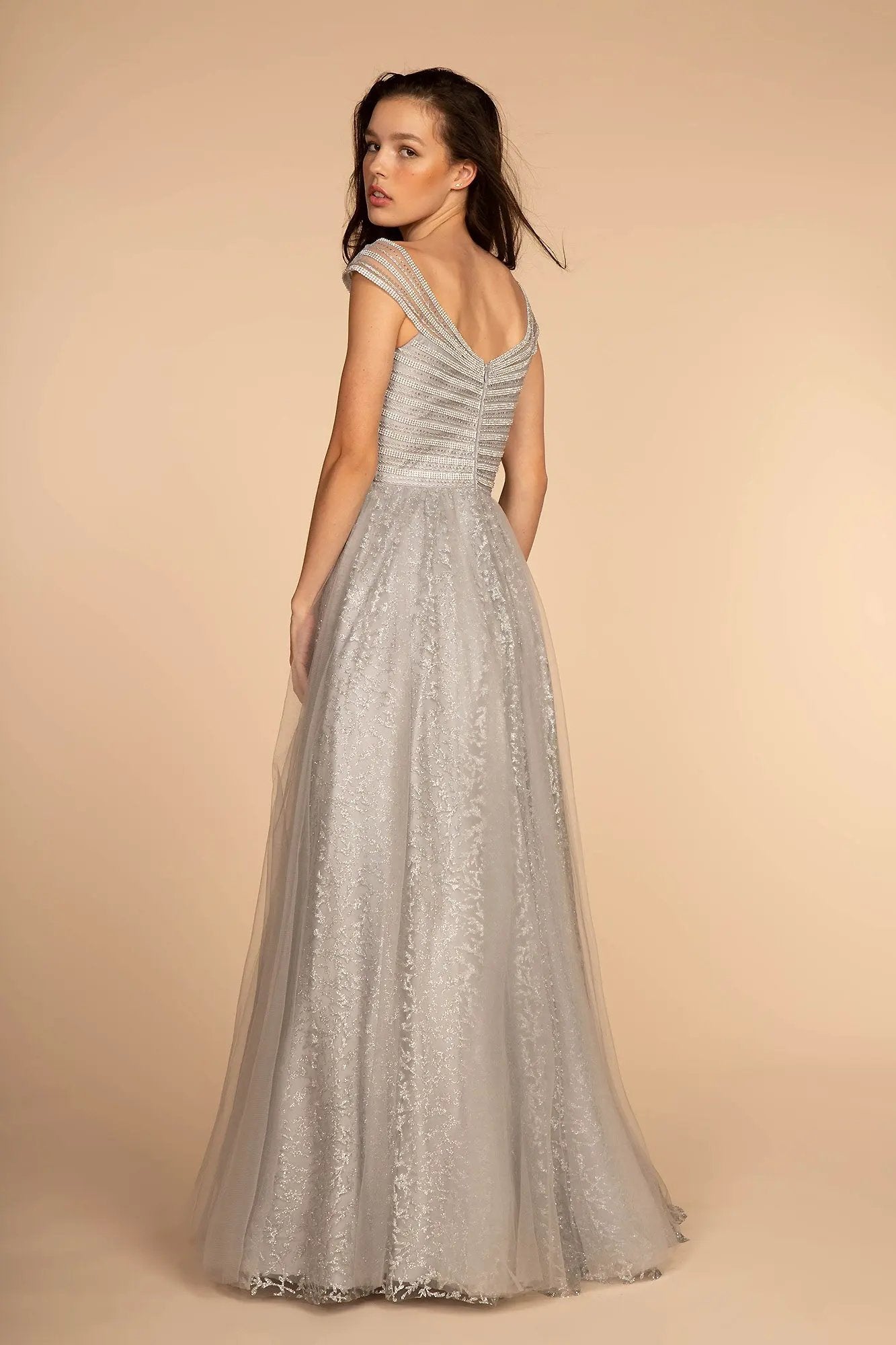 Dress Jewel Embellished Bodice Mesh Skirt Glitter Print Gold by Tux-USA