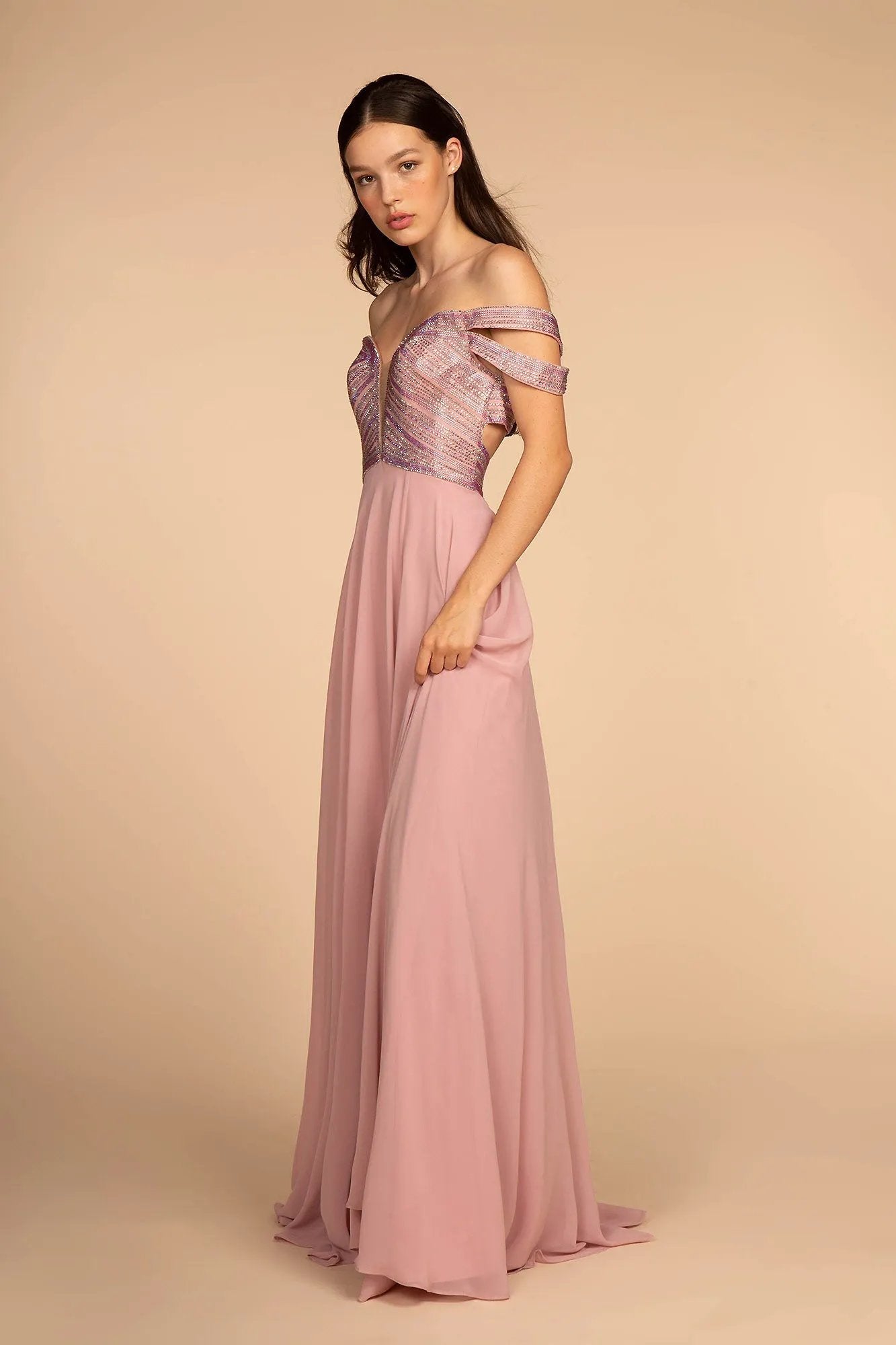Jewel Embellished Bodice Illusion Deep V-Neck Chiffon Long Dress by Tux-USA