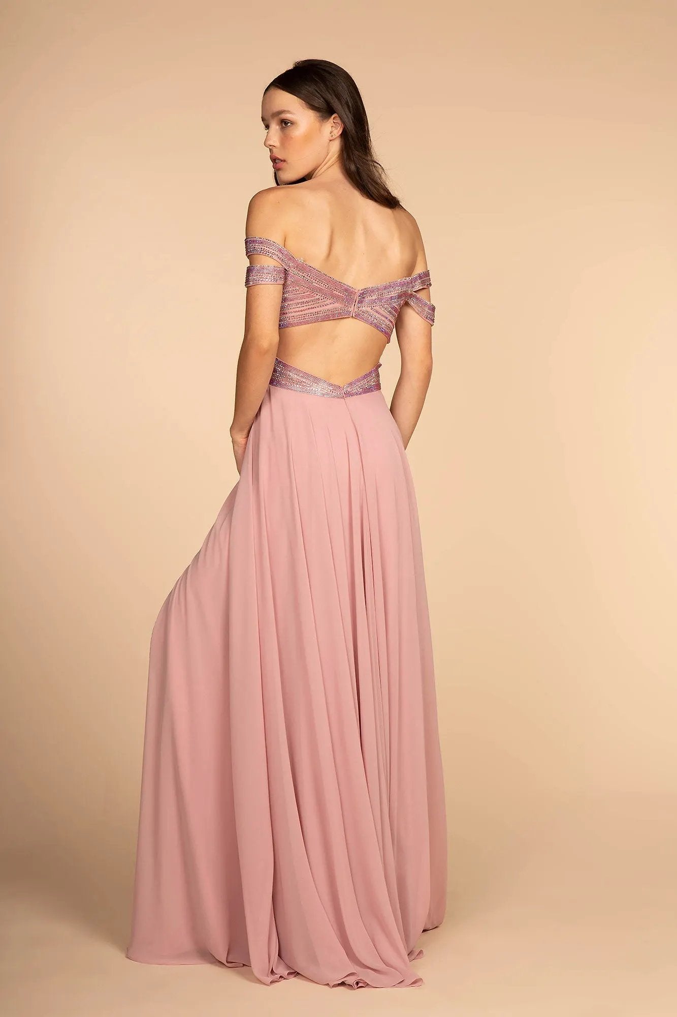 Jewel Embellished Bodice Illusion Deep V-Neck Chiffon Long Dress by Tux-USA