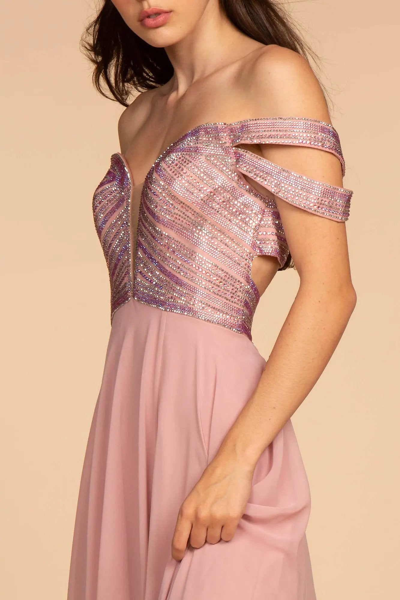 Jewel Embellished Bodice Illusion Deep V-Neck Chiffon Long Dress by Tux-USA