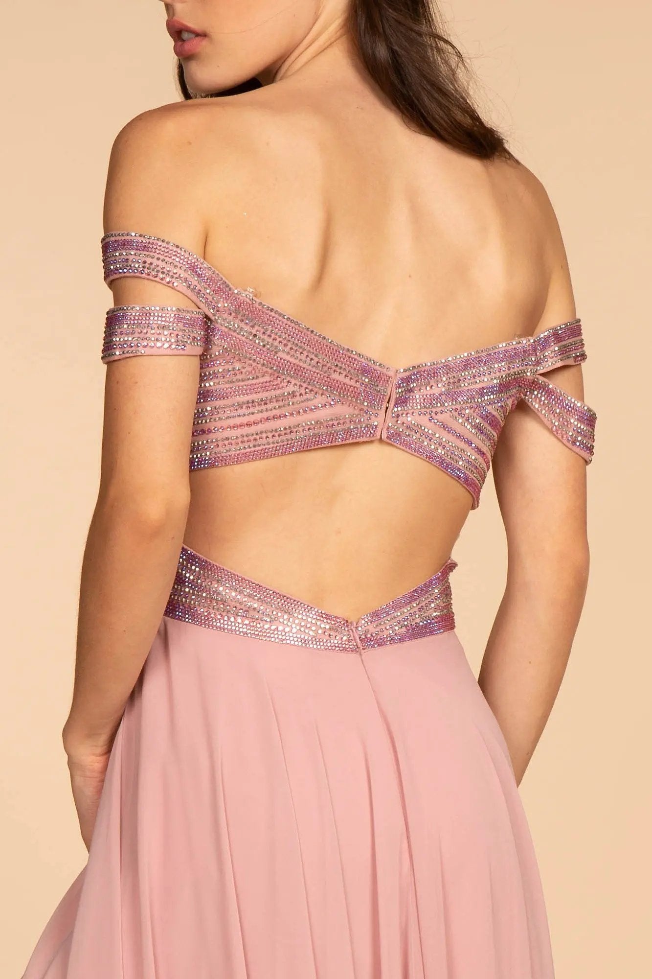Jewel Embellished Bodice Illusion Deep V-Neck Chiffon Long Dress by Tux-USA