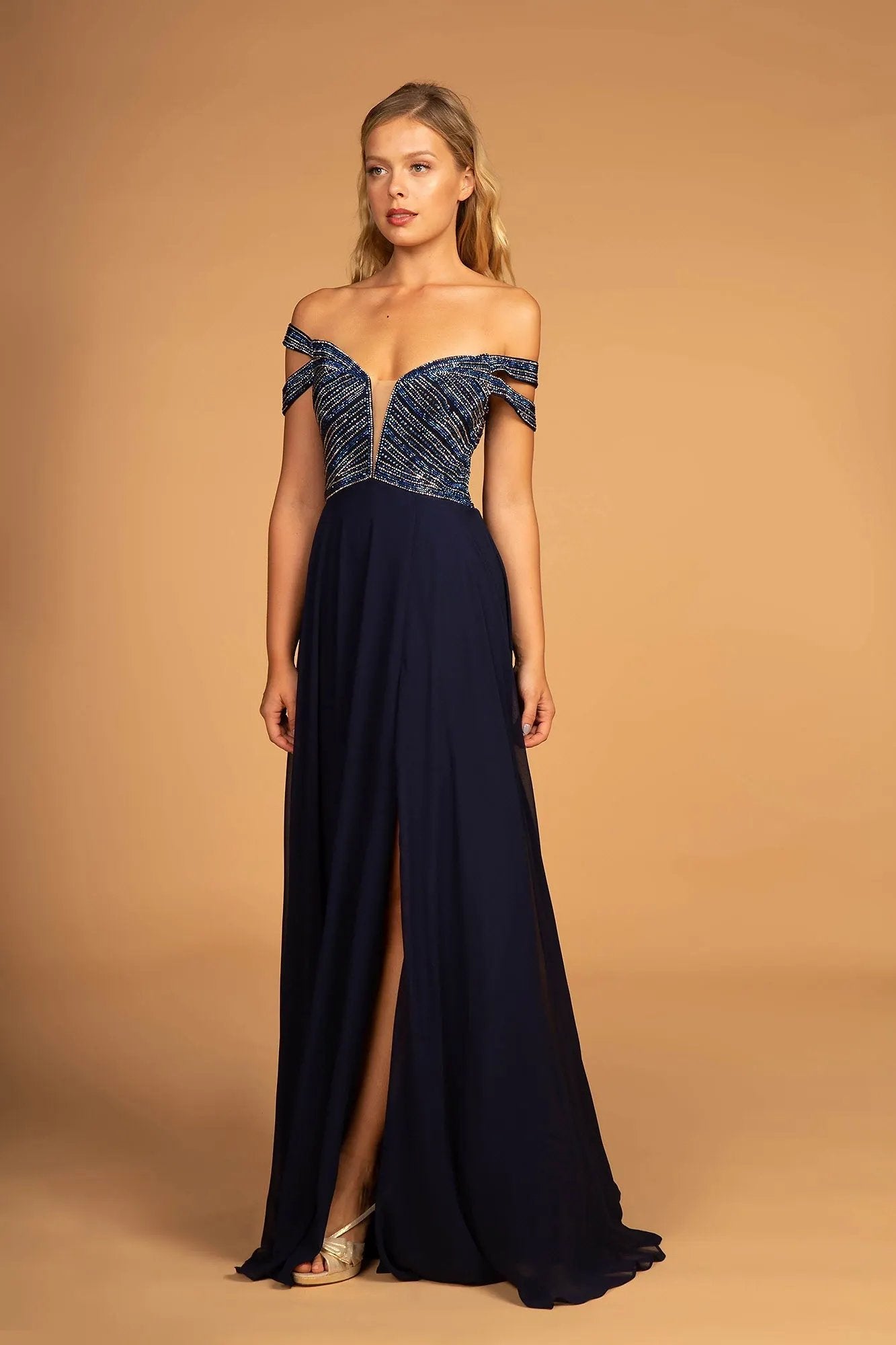 Jewel Embellished Bodice Illusion Deep V-Neck Chiffon Long Dress by Tux-USA