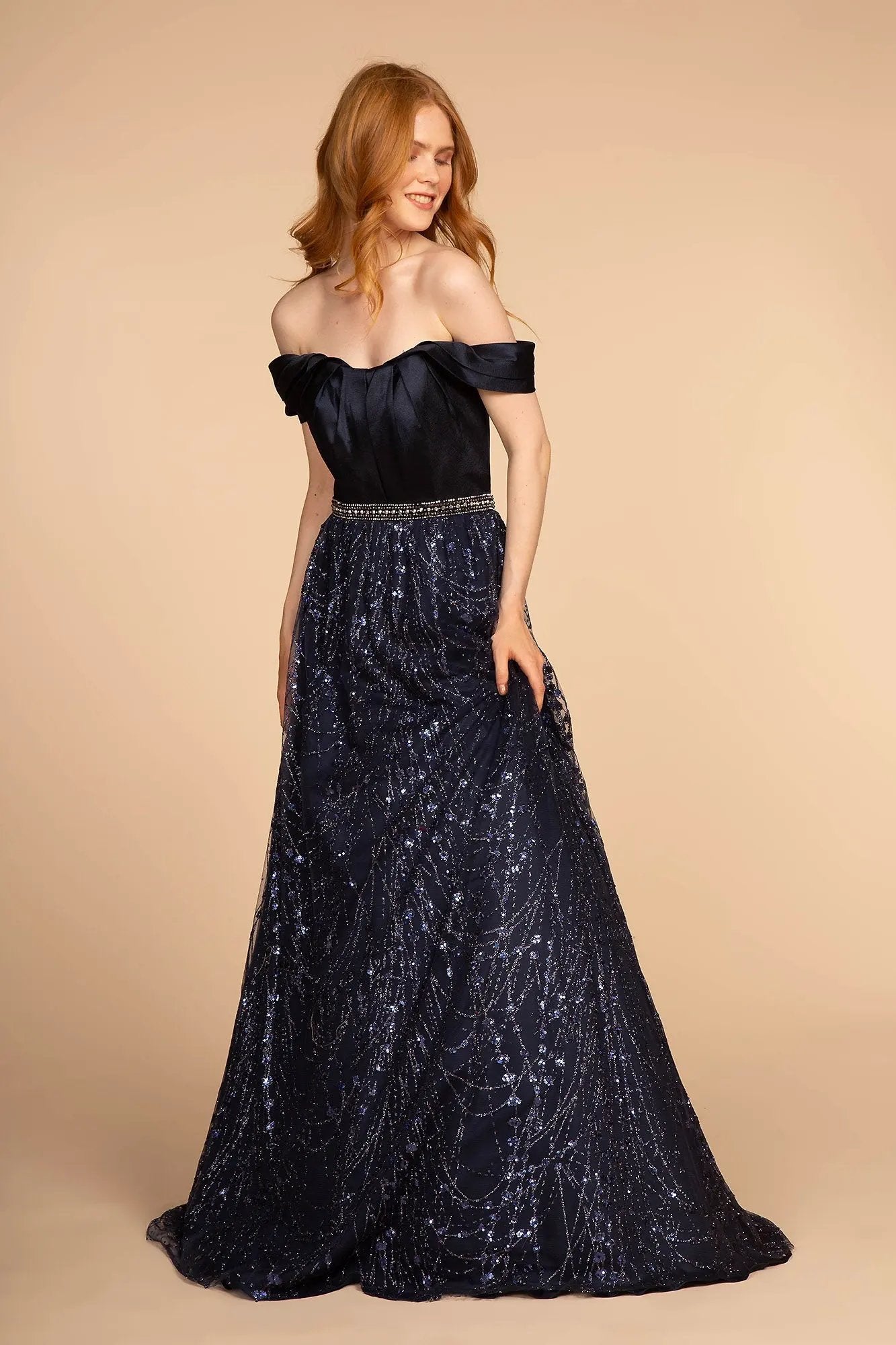 Glitter Print Skirt Off-The-Shoulder Long Dress by Tux-USA