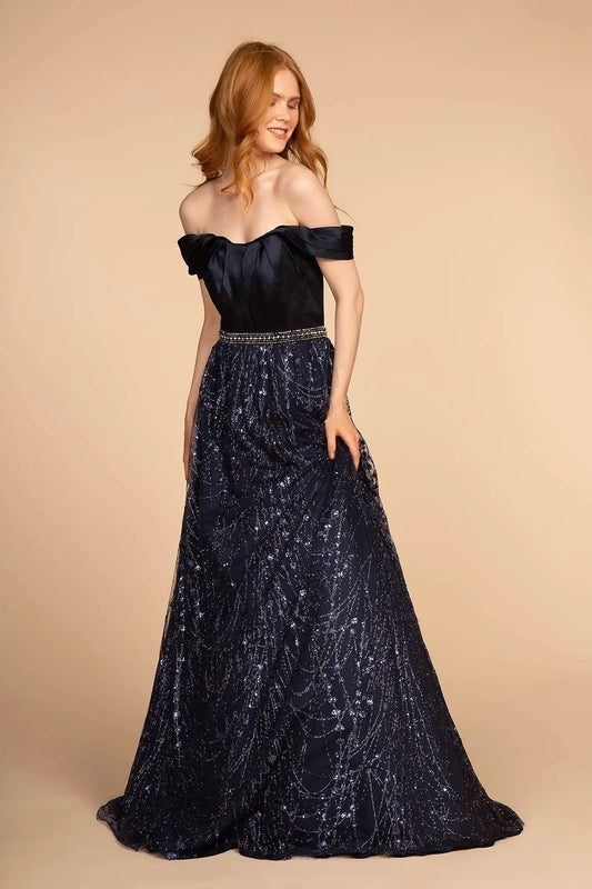Glitter Print Skirt Off-The-Shoulder Long Dress by Tux-USA