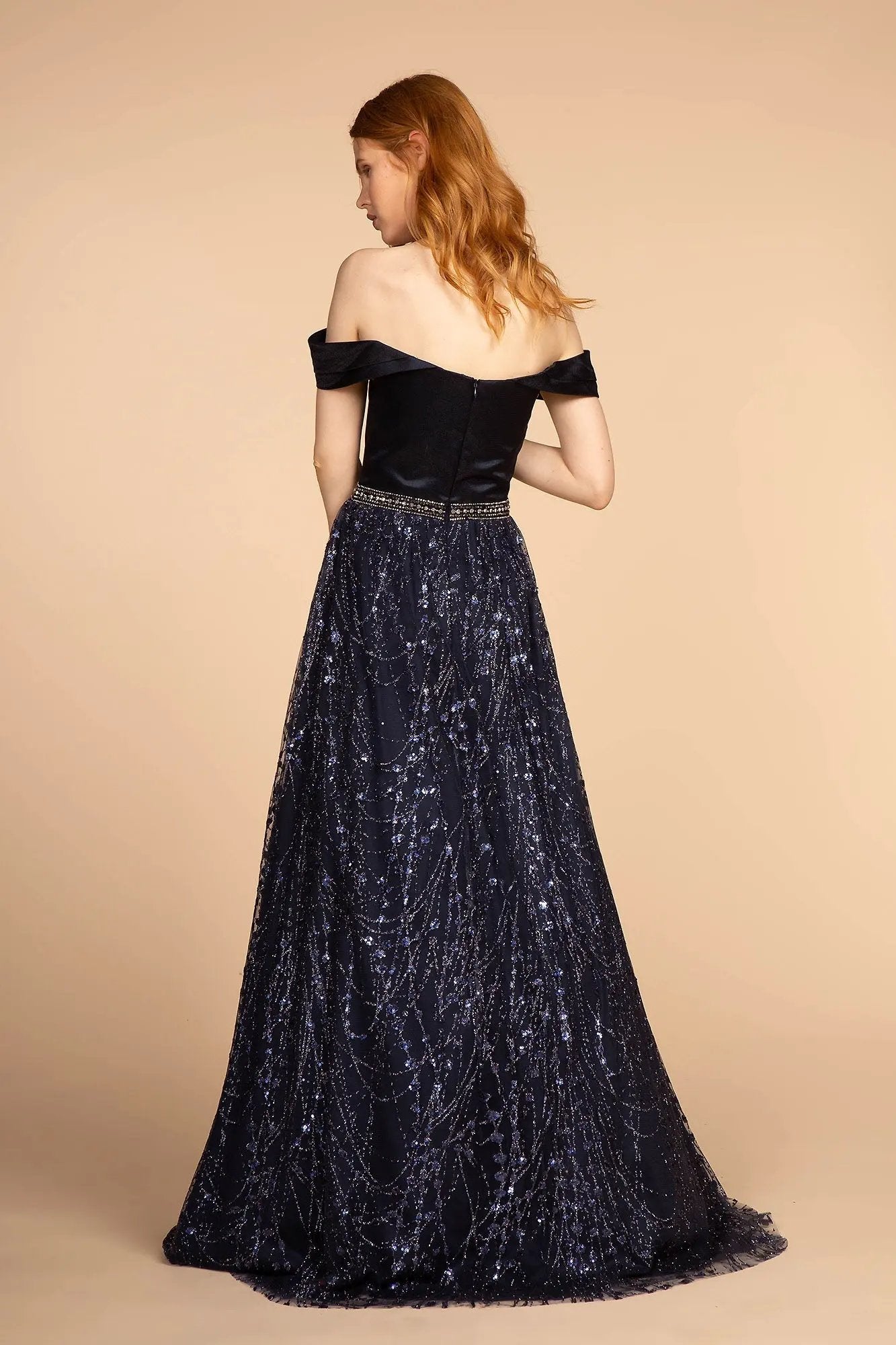 Glitter Print Skirt Off-The-Shoulder Long Dress by Tux-USA