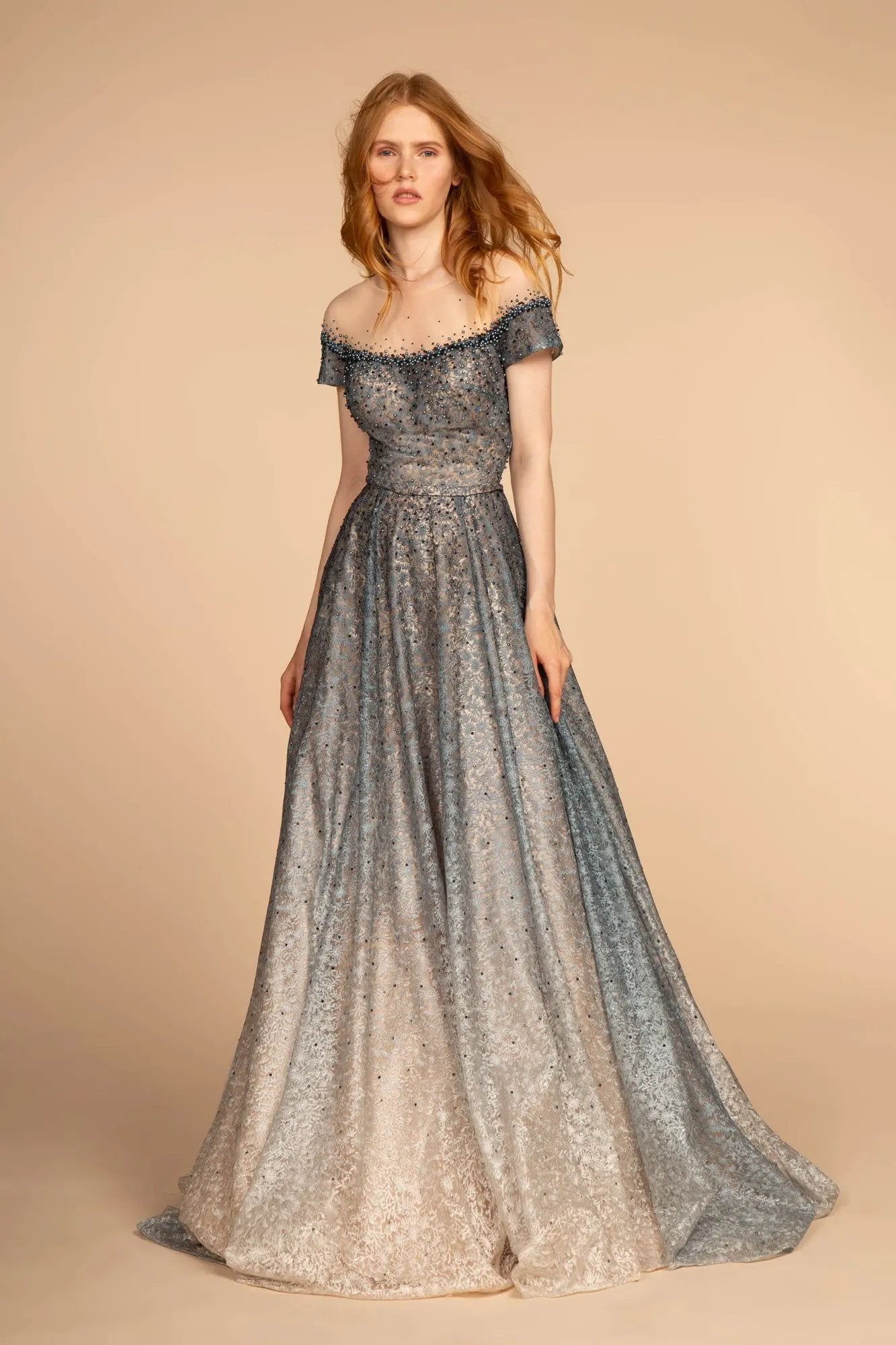 Sheer Bodice Beads Embellished Lace Ombre Dress w/ V-Back by Tux-USA