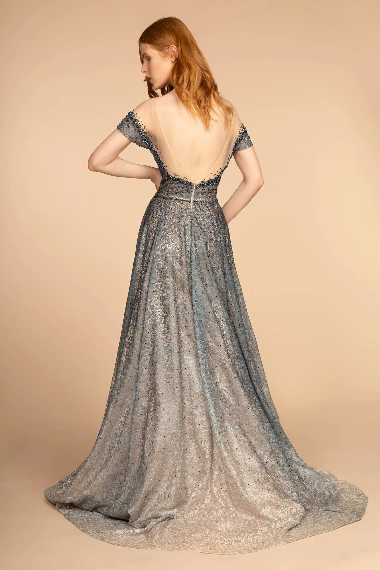 Sheer Bodice Beads Embellished Lace Ombre Dress w/ V-Back by Tux-USA