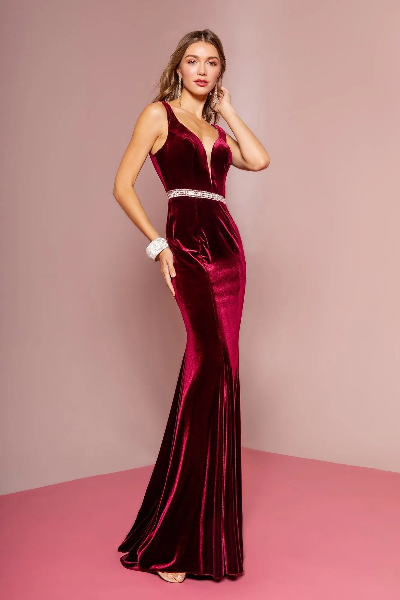 Jewel Accented Waist Line V-Neck Velvet Dress w/ U-Back by Tux-USA