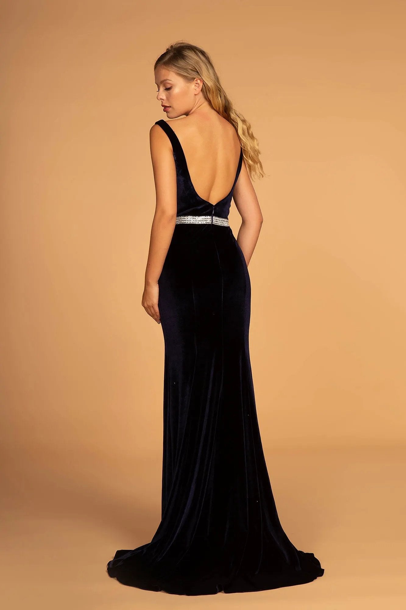 Jewel Accented Waist Line V-Neck Velvet Dress w/ U-Back by Tux-USA