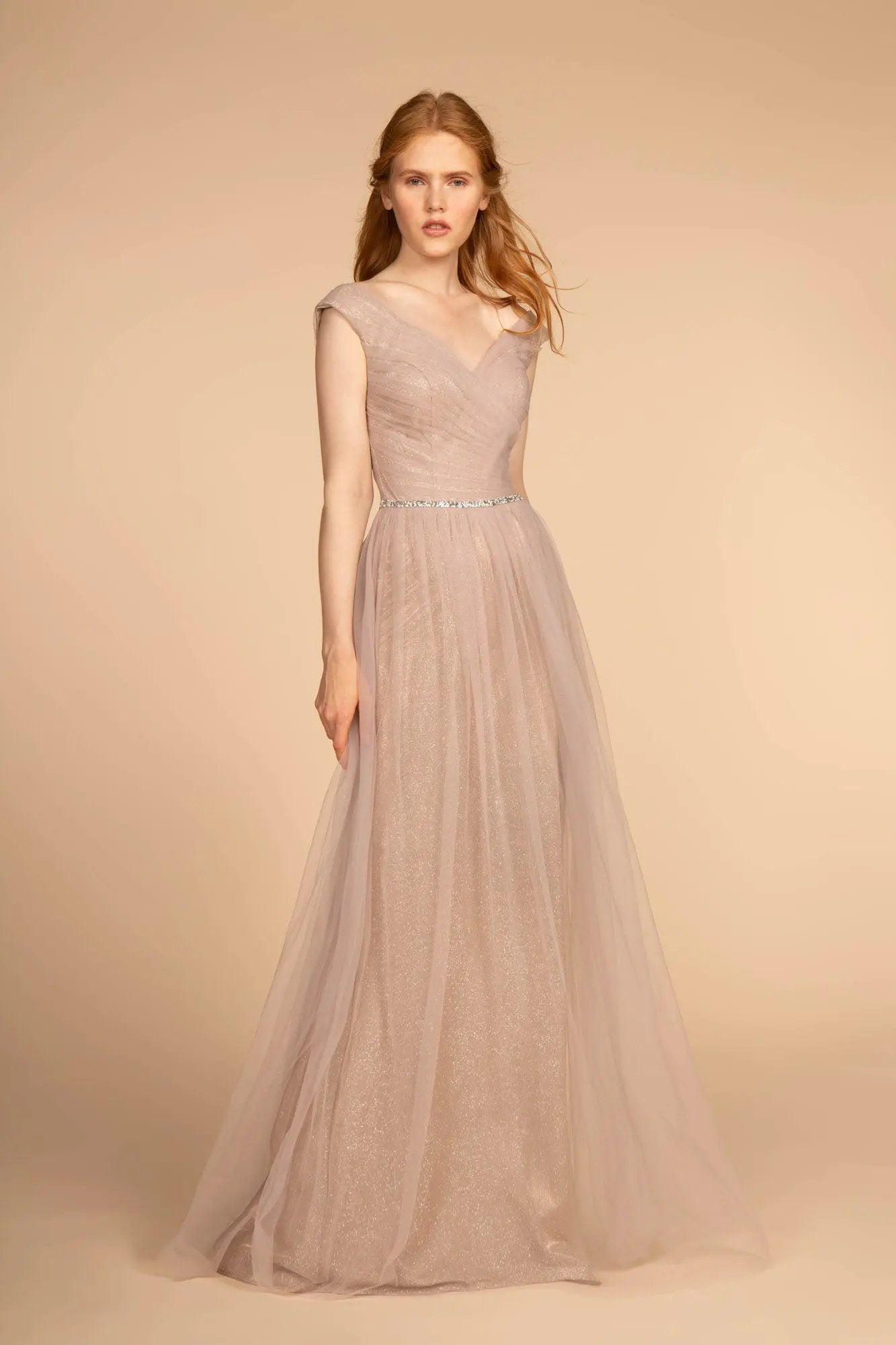 Mesh Ruched Jewel V-Neck Long Dress by Tux-USA