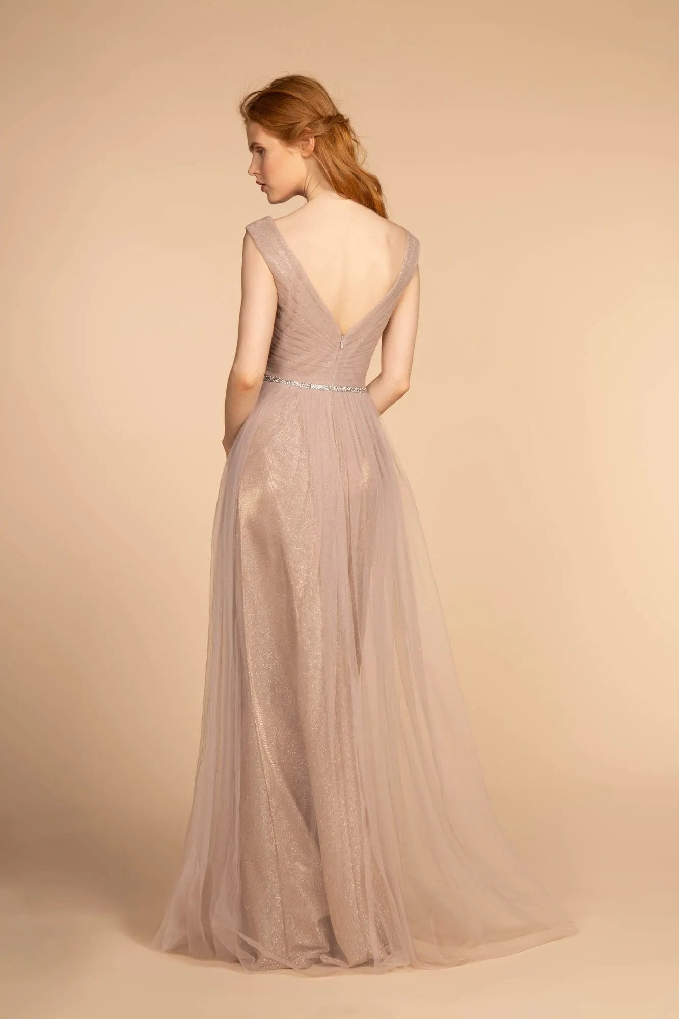 Mesh Ruched Jewel V-Neck Long Dress by Tux-USA