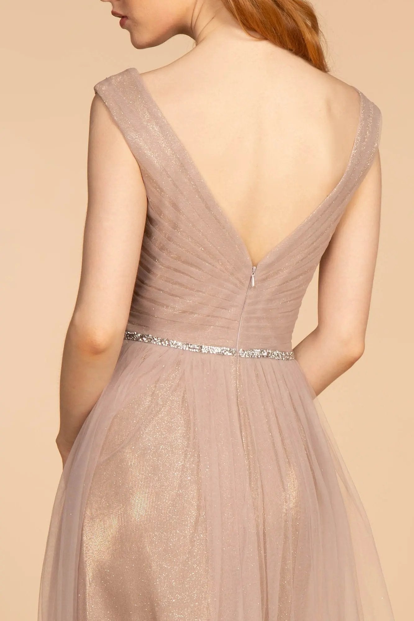 Mesh Ruched Jewel V-Neck Long Dress by Tux-USA