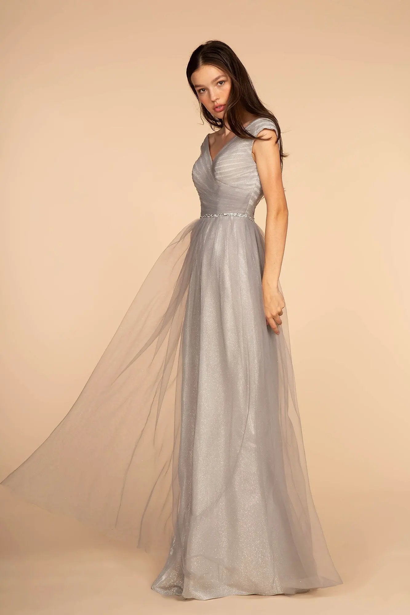 Mesh Ruched Jewel V-Neck Long Dress by Tux-USA