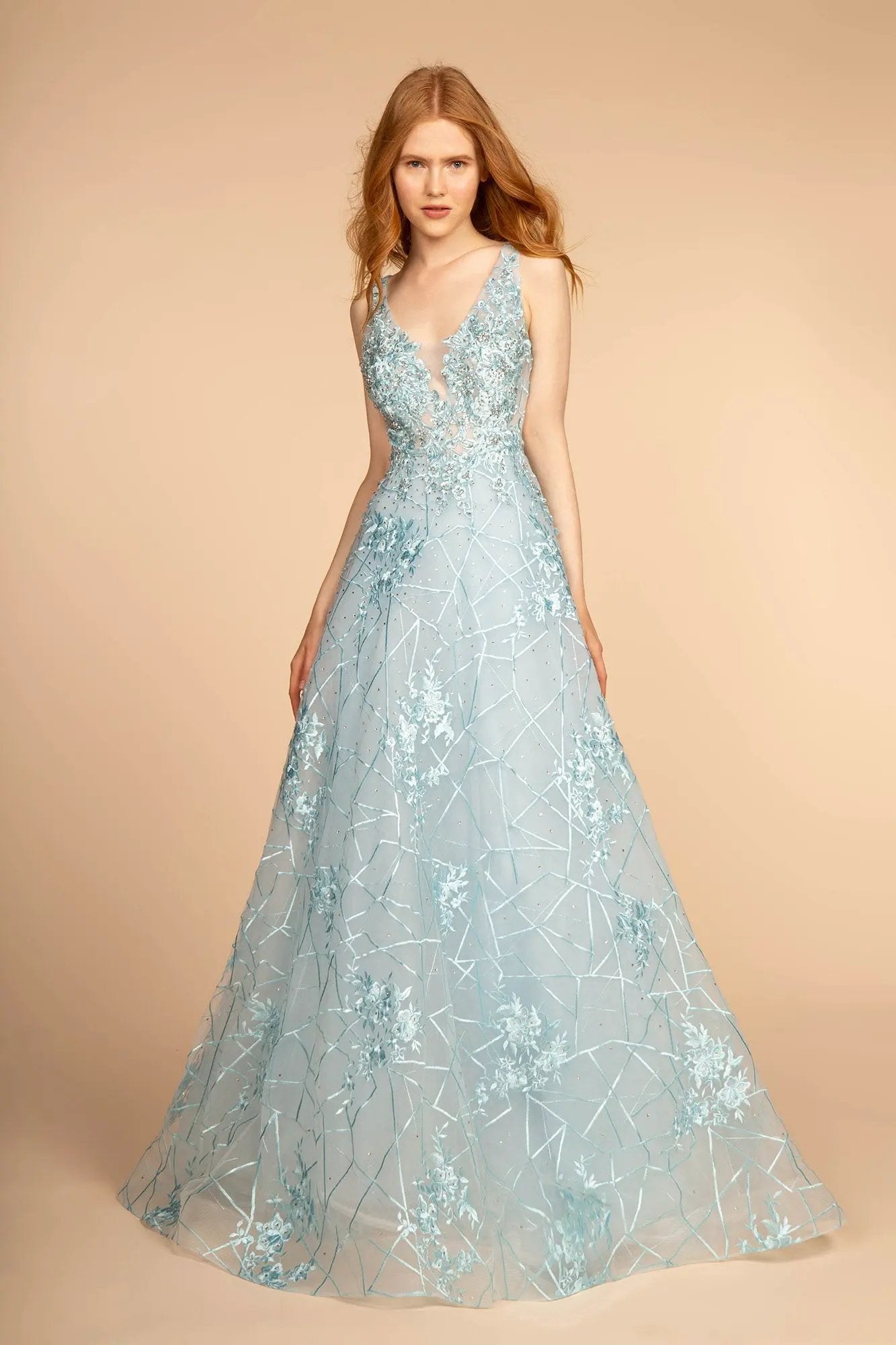 Lux Mesh Illusion V Neck Embroidered Long Dress by Tux USA Prom Ball Gown by Tux-USA