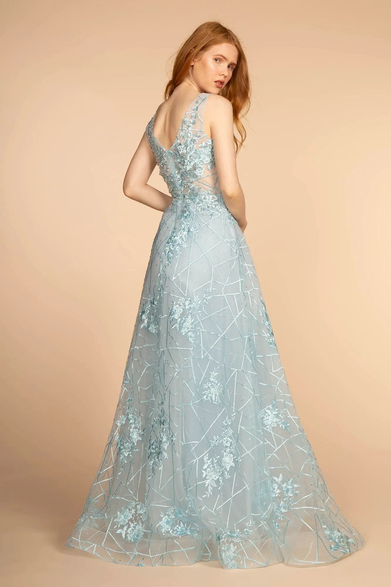 Lux Mesh Illusion V Neck Embroidered Long Dress by Tux USA Prom Ball Gown by Tux-USA