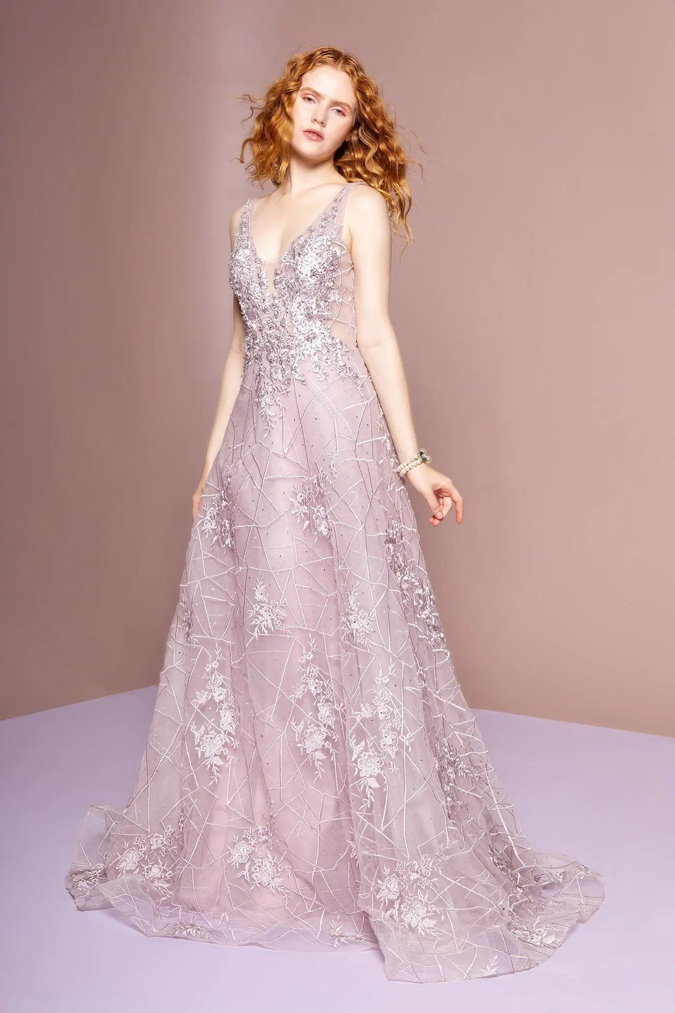 Lux Mesh Illusion V Neck Embroidered Long Dress by Tux USA Prom Ball Gown by Tux-USA