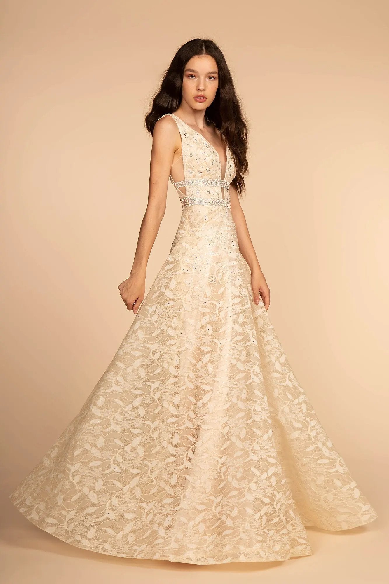 Jewel Accented Waistline V-Neck Lace Long Dress by Tux-USA