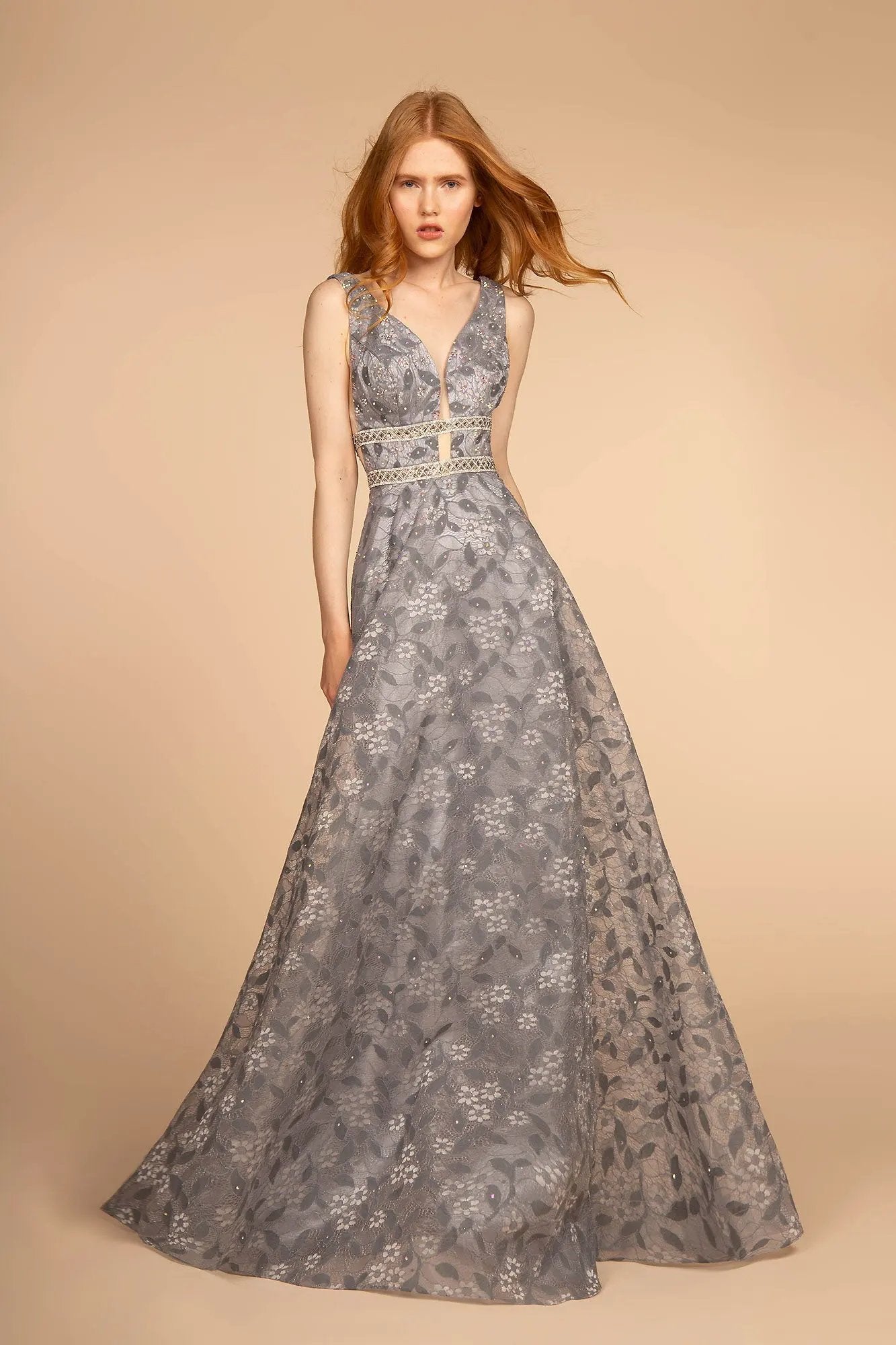 Jewel Accented Waistline V-Neck Lace Long Dress by Tux-USA